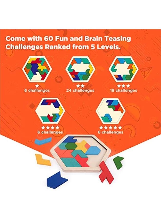 Wooden Hexagon Tangram Puzzle for Kids Adults, Geometric Shape Pattern Blocks, 3D Logic IQ Game, 60 Brain Teaser Challenges, STEM Montessori Educational Toy, Travel Games for Road Trip - Image 4